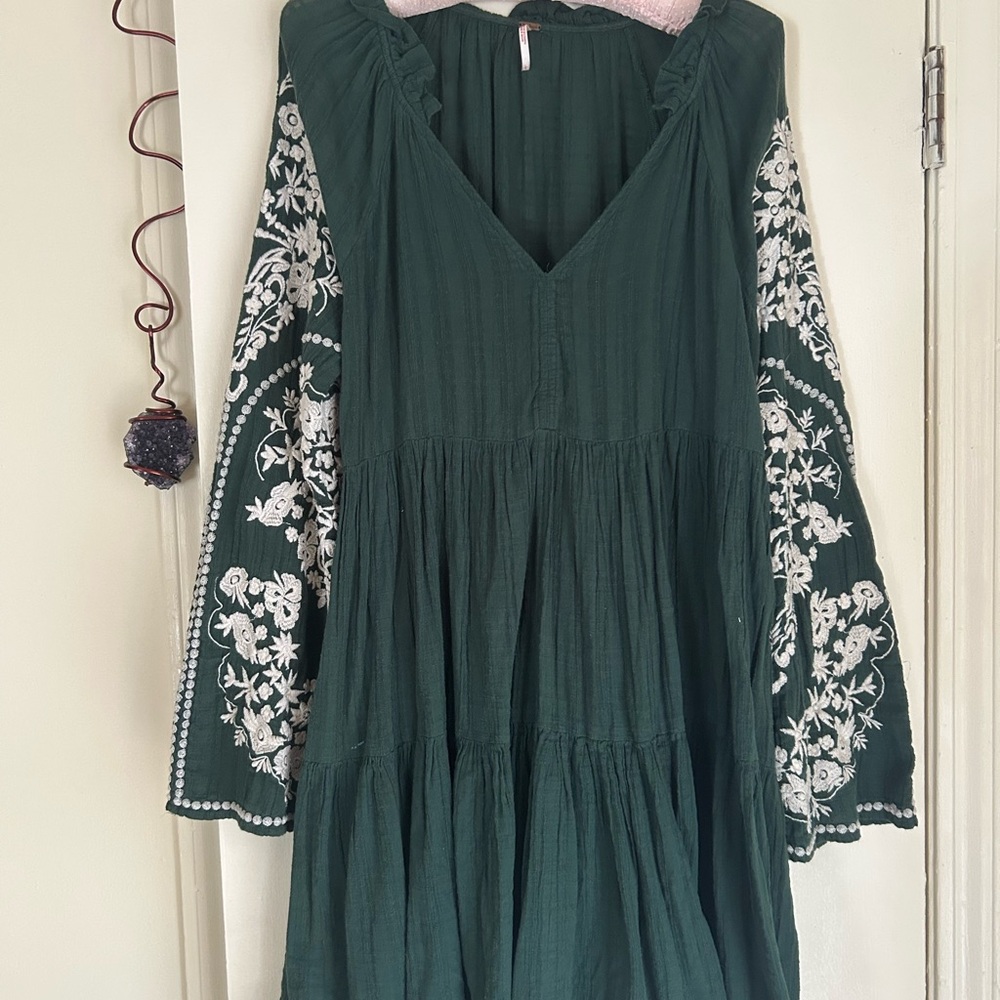 Free People Green Tiered Sundress with Bishop Sleeves